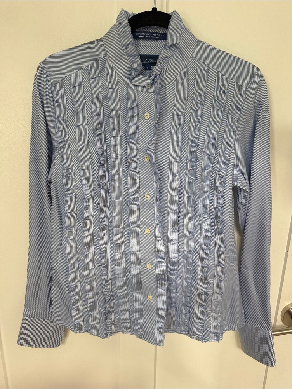 J McLaughlin Ruffle-Front Button Down Shirt in Light Blue